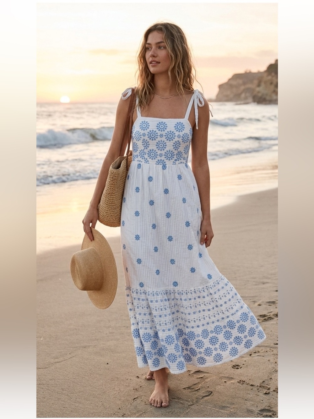 American Eagle Outfitters White Maxi Dress with Blue Floral Embroidery - Picture 1 of 7